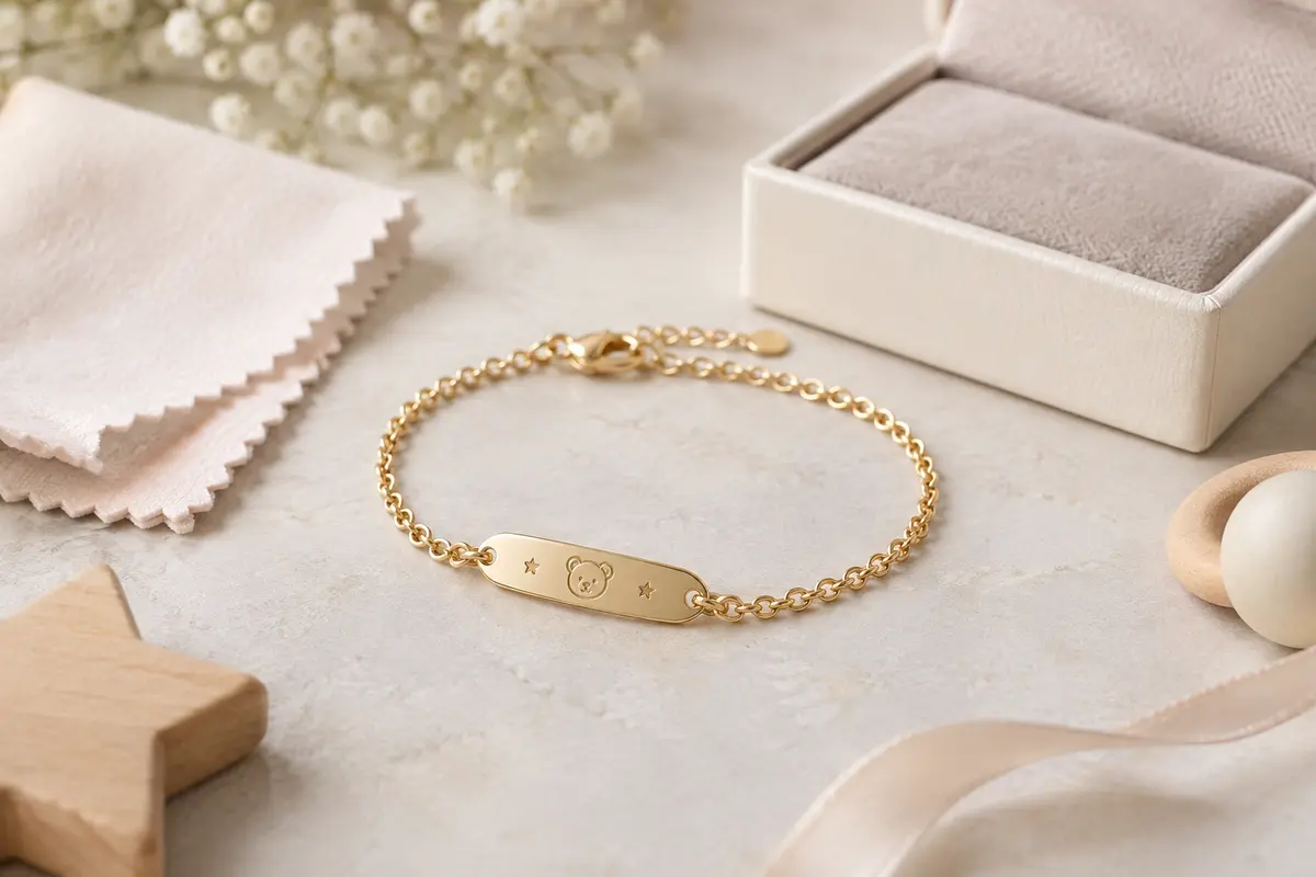 Bracelet de naissance gravé posé près d’un chiffon doux et d’un écrin pour illustrer son entretien