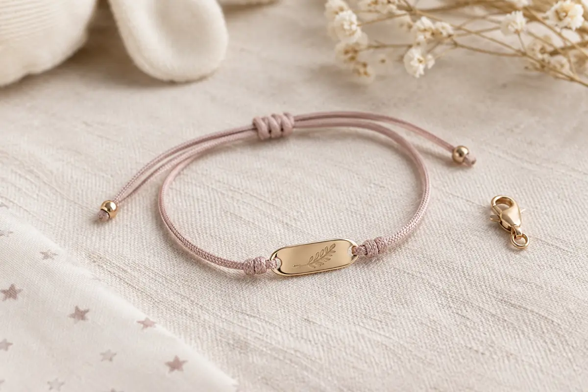Bracelet de naissance à cordon réglable posé à plat, avec sa plaque gravée et son fermoir visibles.