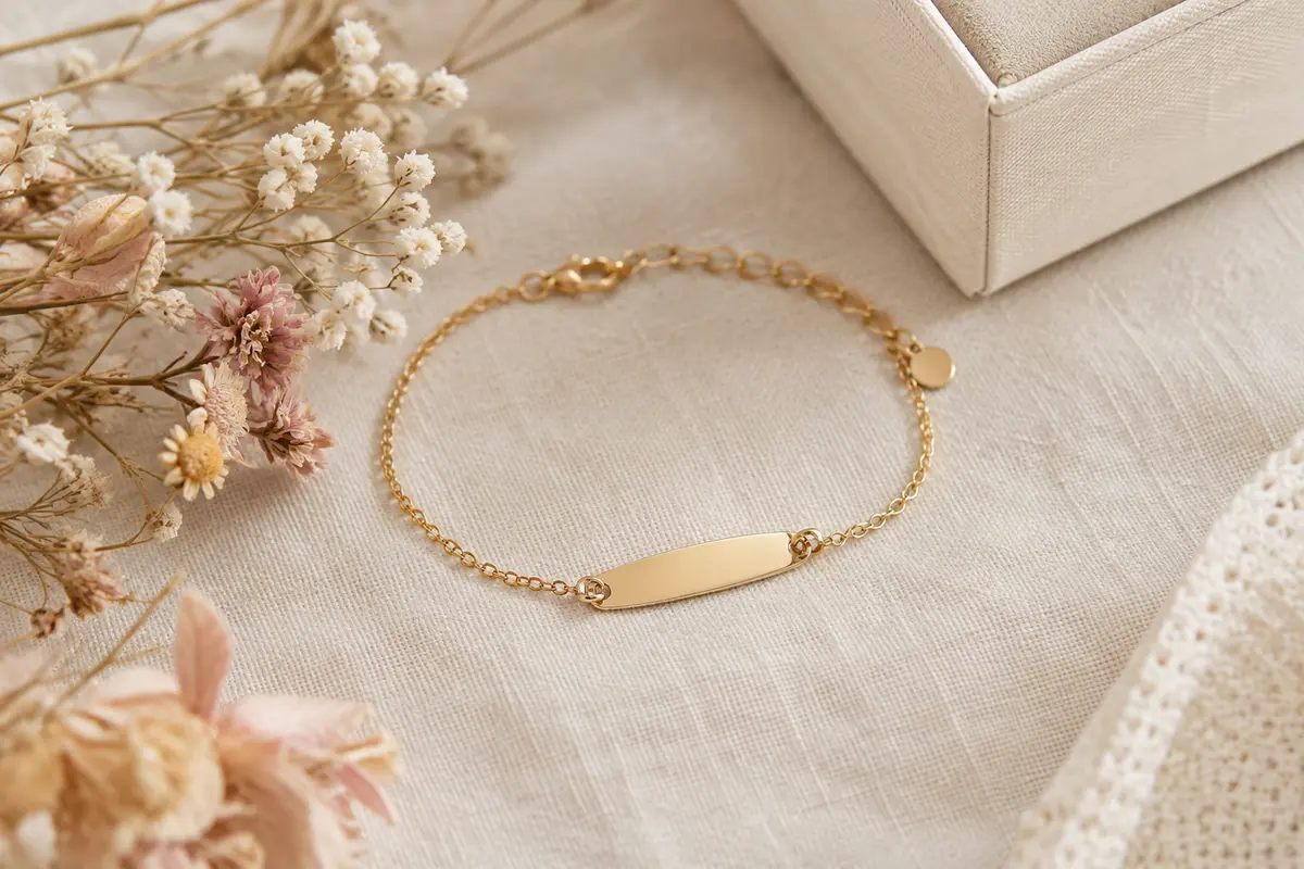 Bracelet fin à plaque vierge posé sur un tissu clair avec quelques fleurs séchées