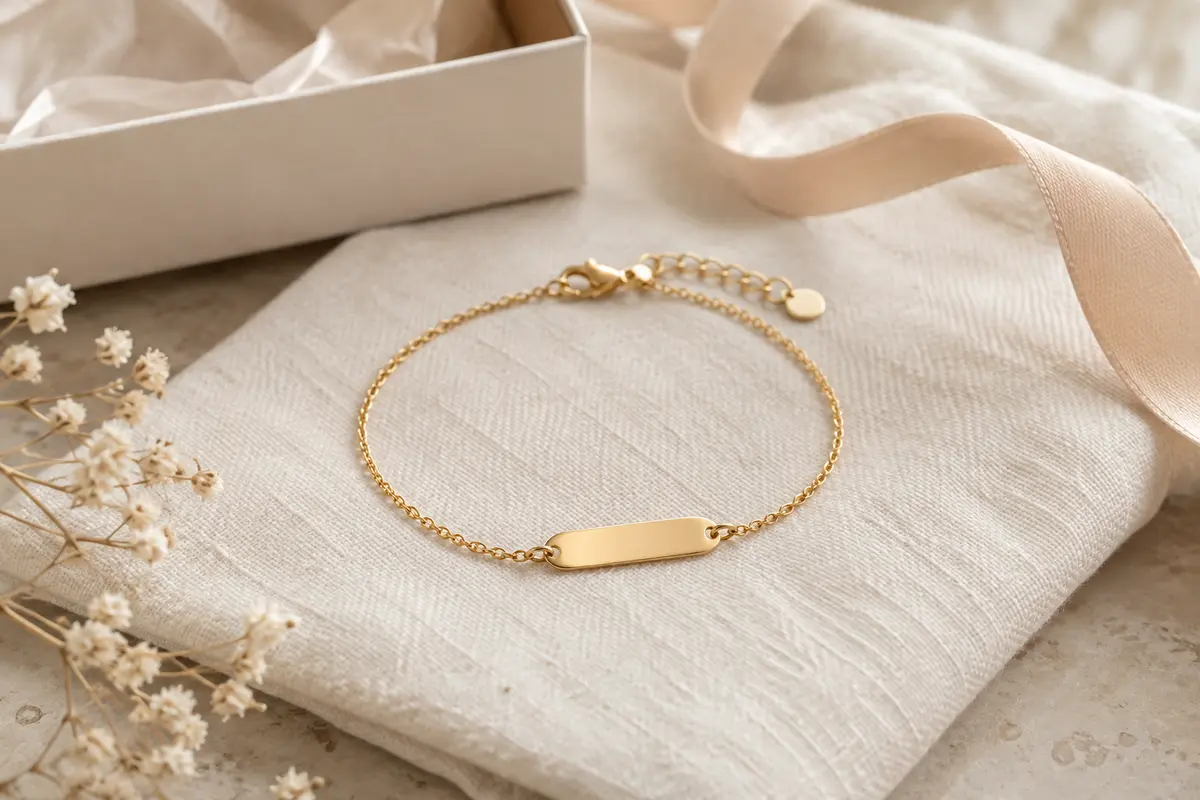Bracelet de naissance à plaque vierge posé dans une boîte cadeau sobre, prêt à être personnalisé
