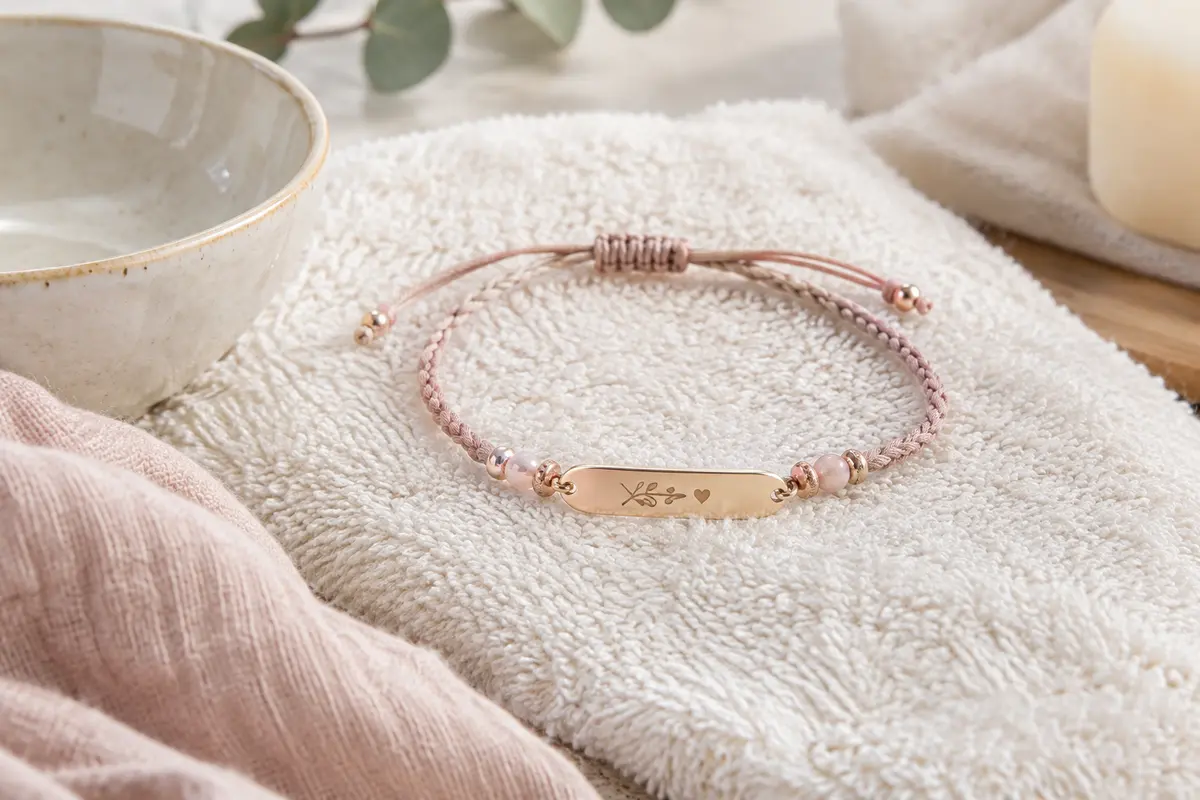 Bracelet de naissance gravé posé sur une serviette, montrant sa plaque, son cordon et ses attaches.