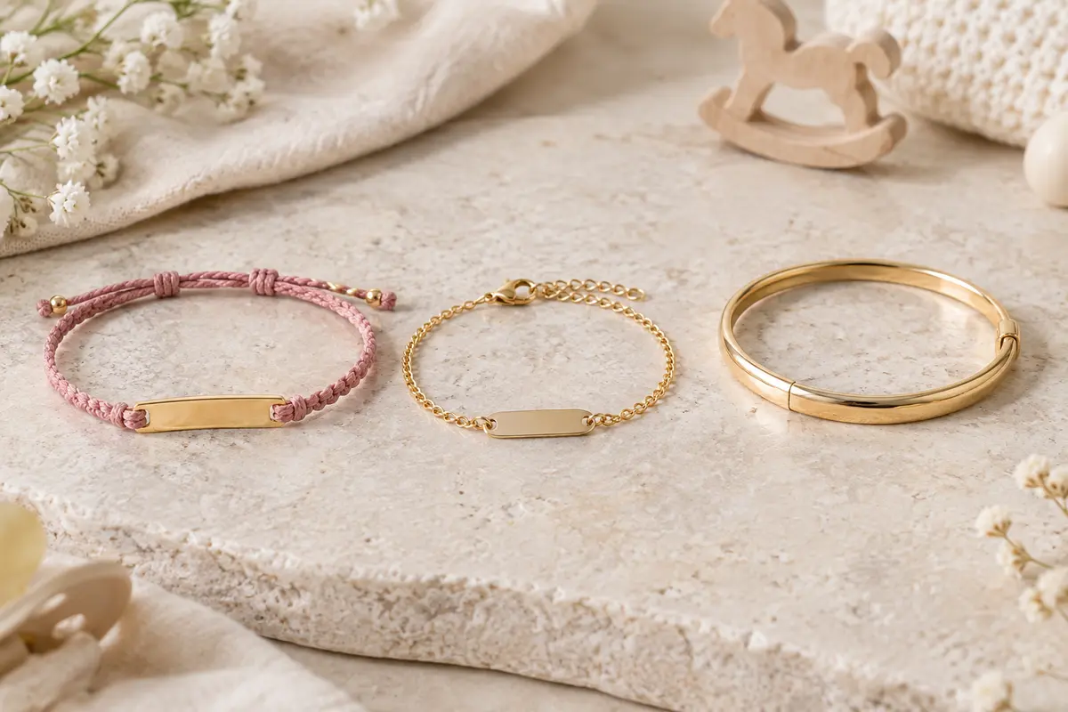 Cordon tressé à plaque vierge, gourmette et jonc réunis pour comparer les formes de bracelets gravés.