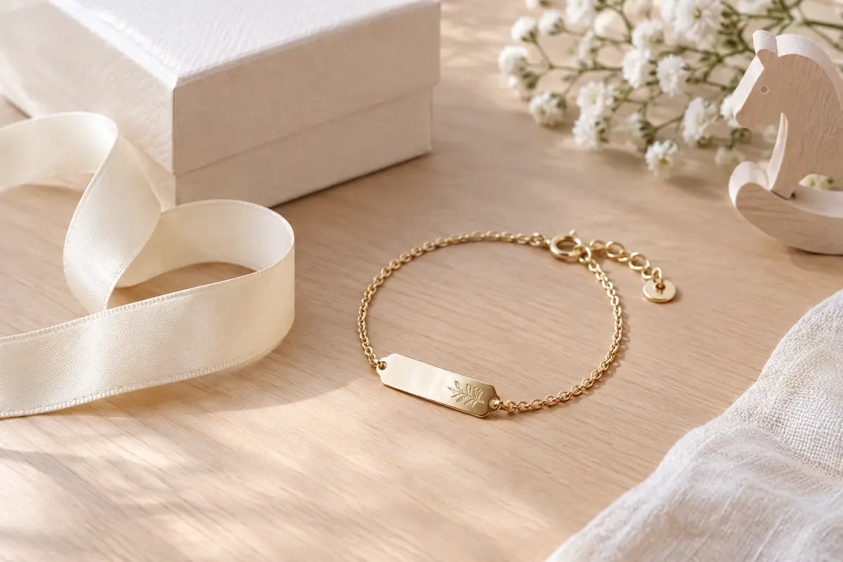 Bracelet de naissance gravé posé près d’un ruban ivoire et d’une boîte à bijoux sobre