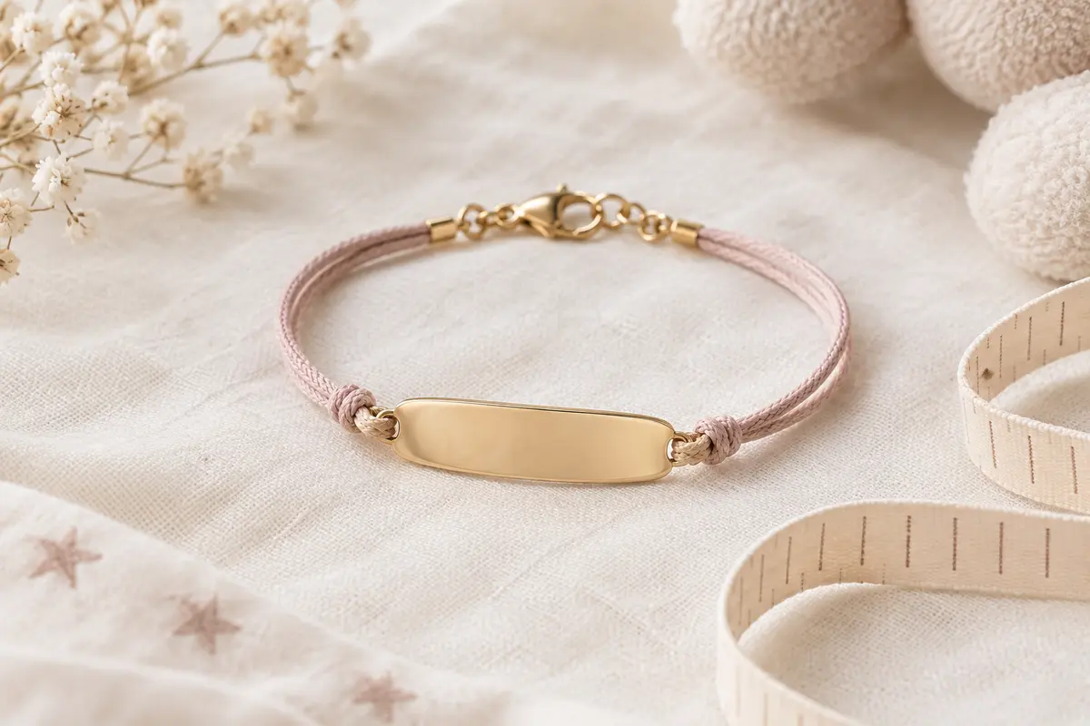 Bracelet de naissance gravé posé sur un tissu clair, avec sa fermeture et un ruban de mesure à côté.