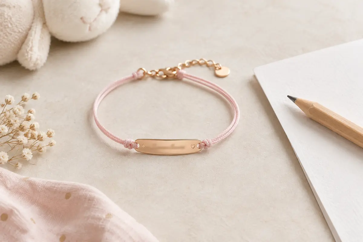 Bracelet de naissance avec plaque gravée posé sur un fond clair, dans une composition sobre.
