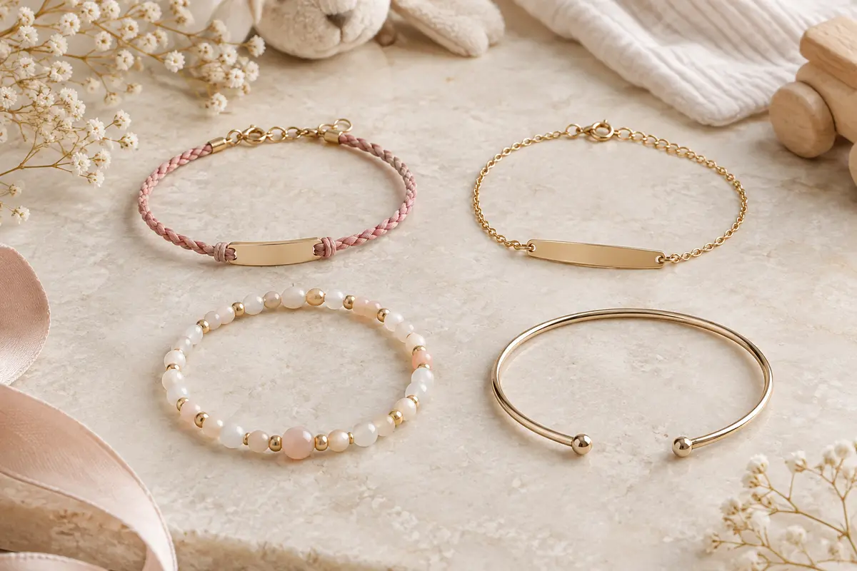 Quatre styles de bracelets de naissance comparés : cordon, chaîne avec plaque, perles et jonc