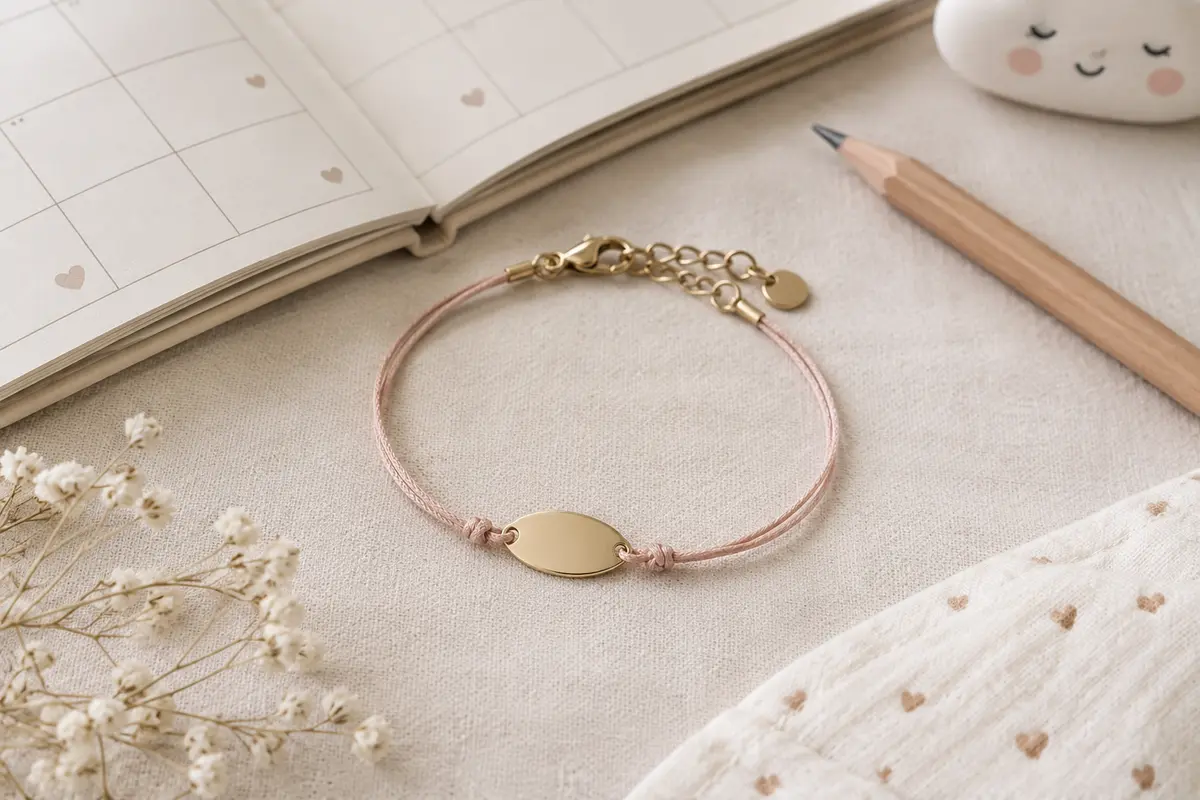 Bracelet de naissance à petite plaque vierge posé près d’un calendrier, pour évoquer le choix d’une date gravée.