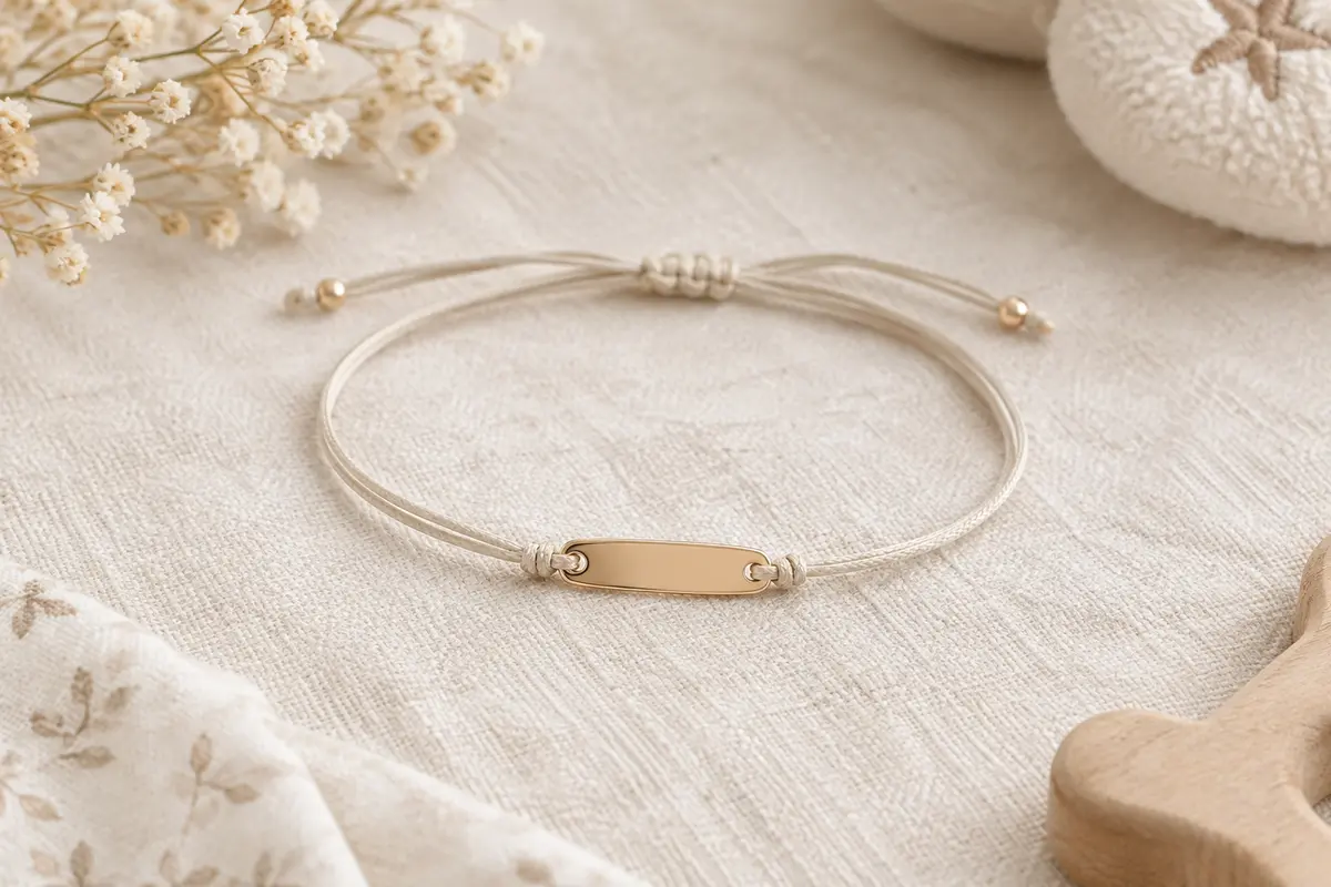 Bracelet de naissance posé sur du lin, avec une plaque métallique vierge prête à être personnalisée.