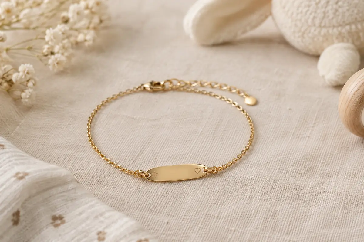 Bracelet de naissance posé sur du lin, avec une petite plaque gravée et un cordon délicat.