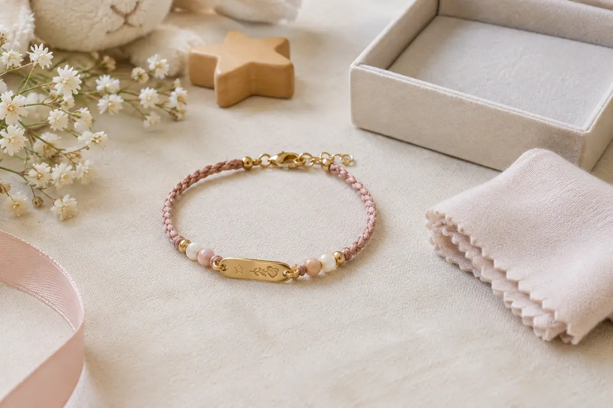 Bracelet de naissance avec plaque gravée, cordon et perles posé près d’un chiffon doux