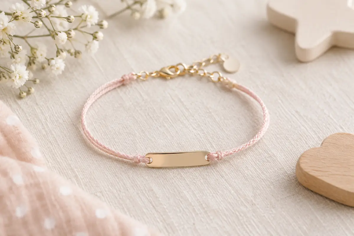 Bracelet de naissance posé sur une surface claire, avec une petite plaque métallique vierge à personnaliser.