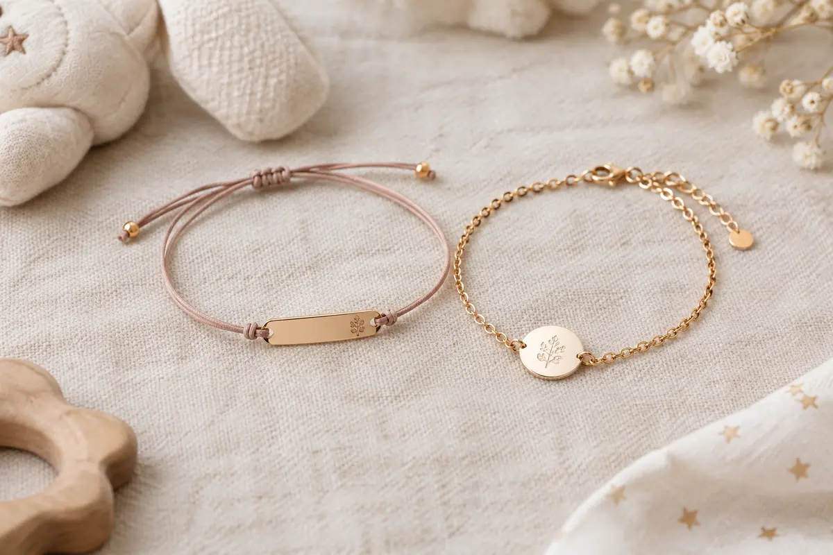 Deux bracelets de naissance de styles différents, assortis par leurs plaques métalliques et leurs finitions sobres.