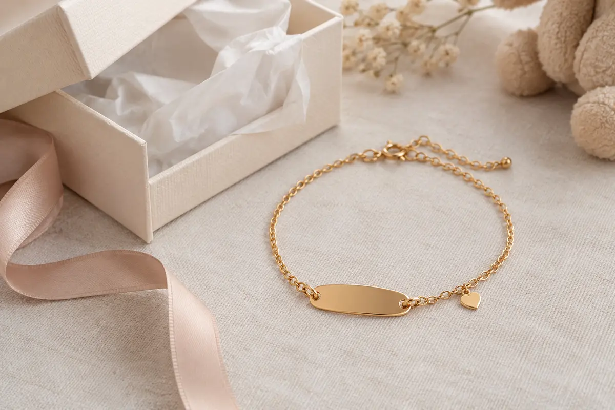 Bracelet de naissance gravé présenté dans une boîte cadeau avec un ruban sobre sur une table claire.