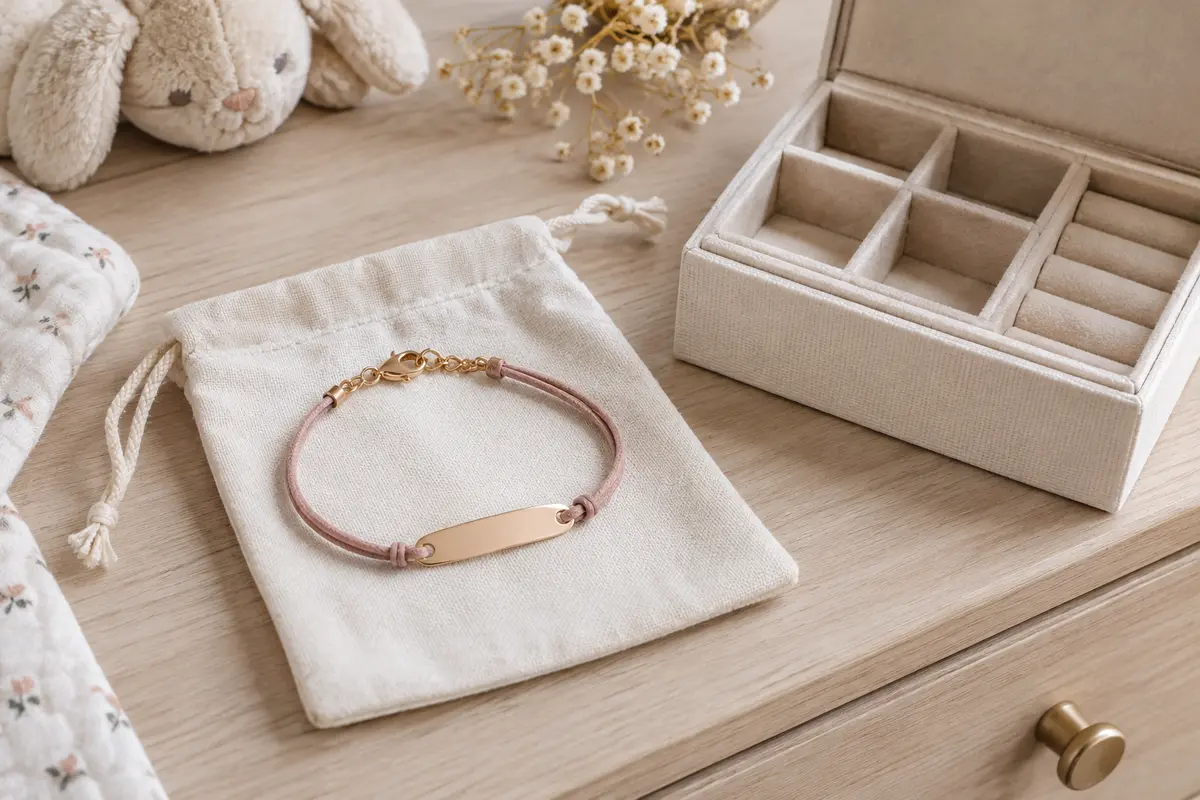 Bracelet de naissance gravé rangé à plat dans une pochette, à côté d’une boîte à compartiments