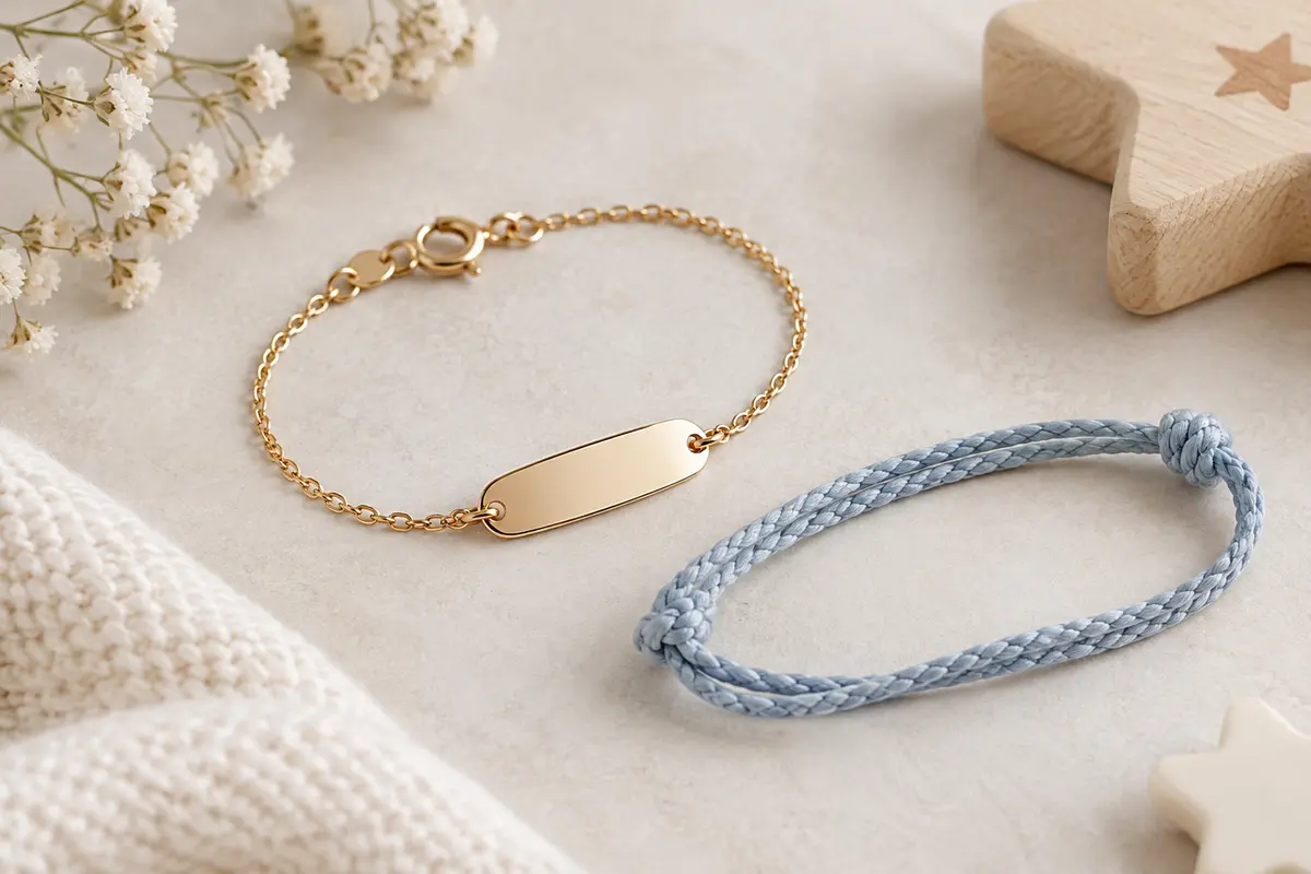 Bracelet de naissance avec plaque gravée, chaîne et cordon présentés sur une surface claire