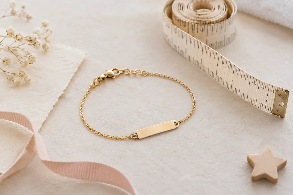 Bracelet de naissance à plaque vierge posé près d’un mètre souple pour mesurer un poignet.