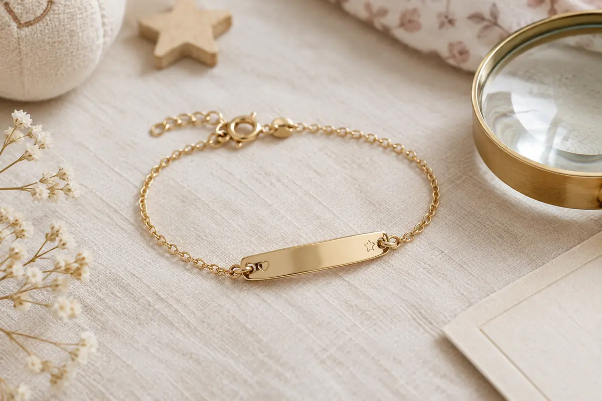 Bracelet de naissance gravé et loupe posés sur une fiche vierge pour examiner les métaux et finitions.