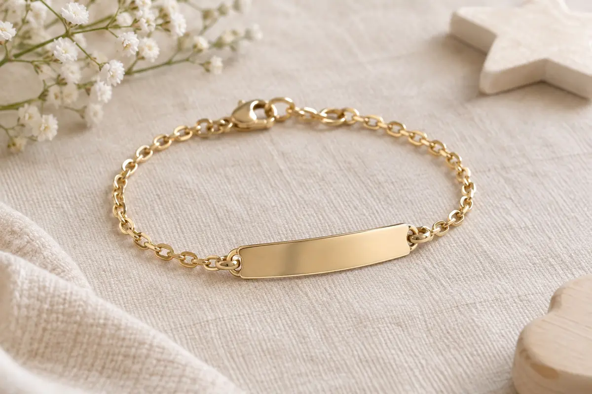 Bracelet de naissance posé à plat, avec son fermoir et ses maillons visibles pour examen