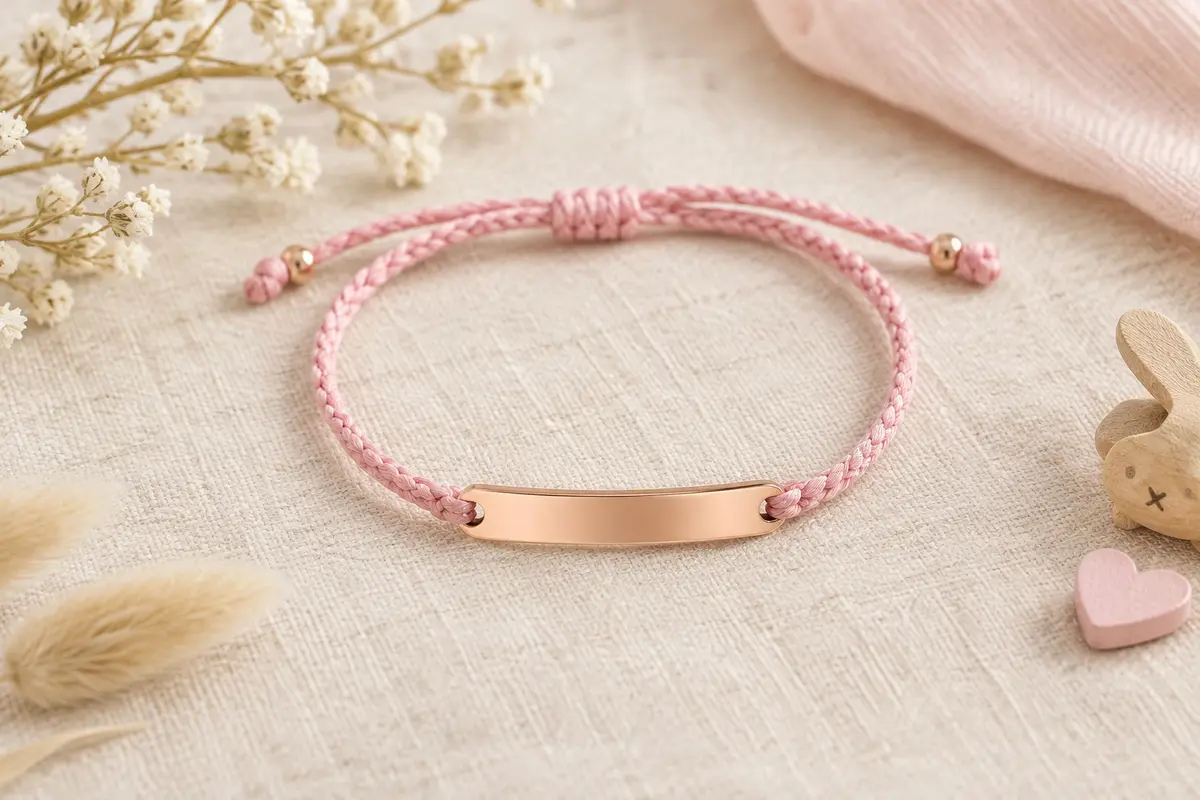 Bracelet à cordon tressé rose et plaque gravée à finition rose dorée posé sur du lin ivoire