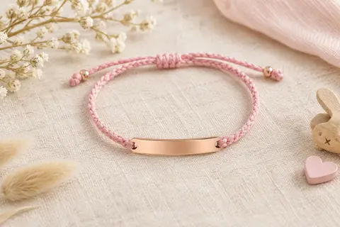 Bracelet à cordon tressé rose et plaque gravée à finition rose dorée posé sur du lin ivoire