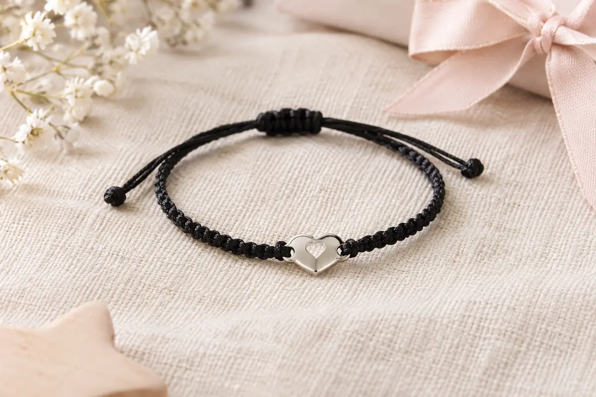 Bracelet enfant à cordon tressé noir, avec élément en acier gravé et motif de cœur ajouré