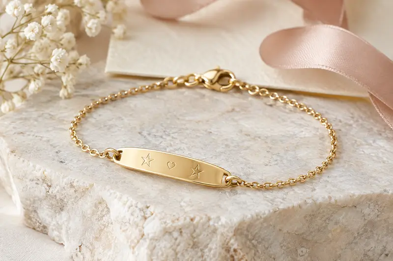 Détail d’une gravure et du fermoir d’un bracelet posé sur une pierre claire.