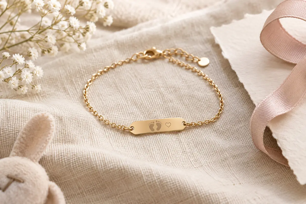 Bracelet de naissance gravé posé sur du lin ivoire, avec sa plaque et ses finitions visibles.